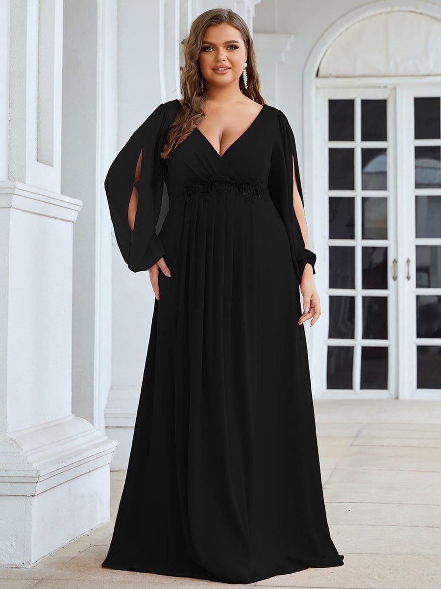 ever AMOUR|Elegant Chiffon V-Neckline Long Sleeve Wedding Guest Dress