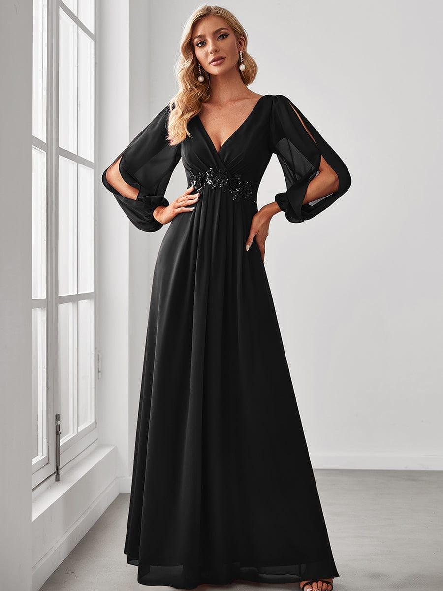ever AMOUR|Elegant Chiffon V-Neckline Long Sleeve Wedding Guest Dress