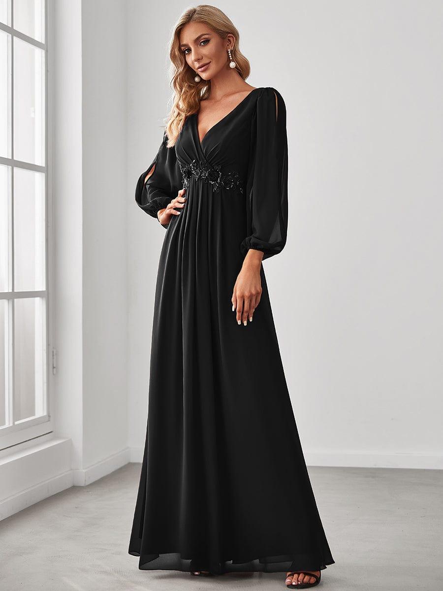 ever AMOUR|Elegant Chiffon V-Neckline Long Sleeve Wedding Guest Dress