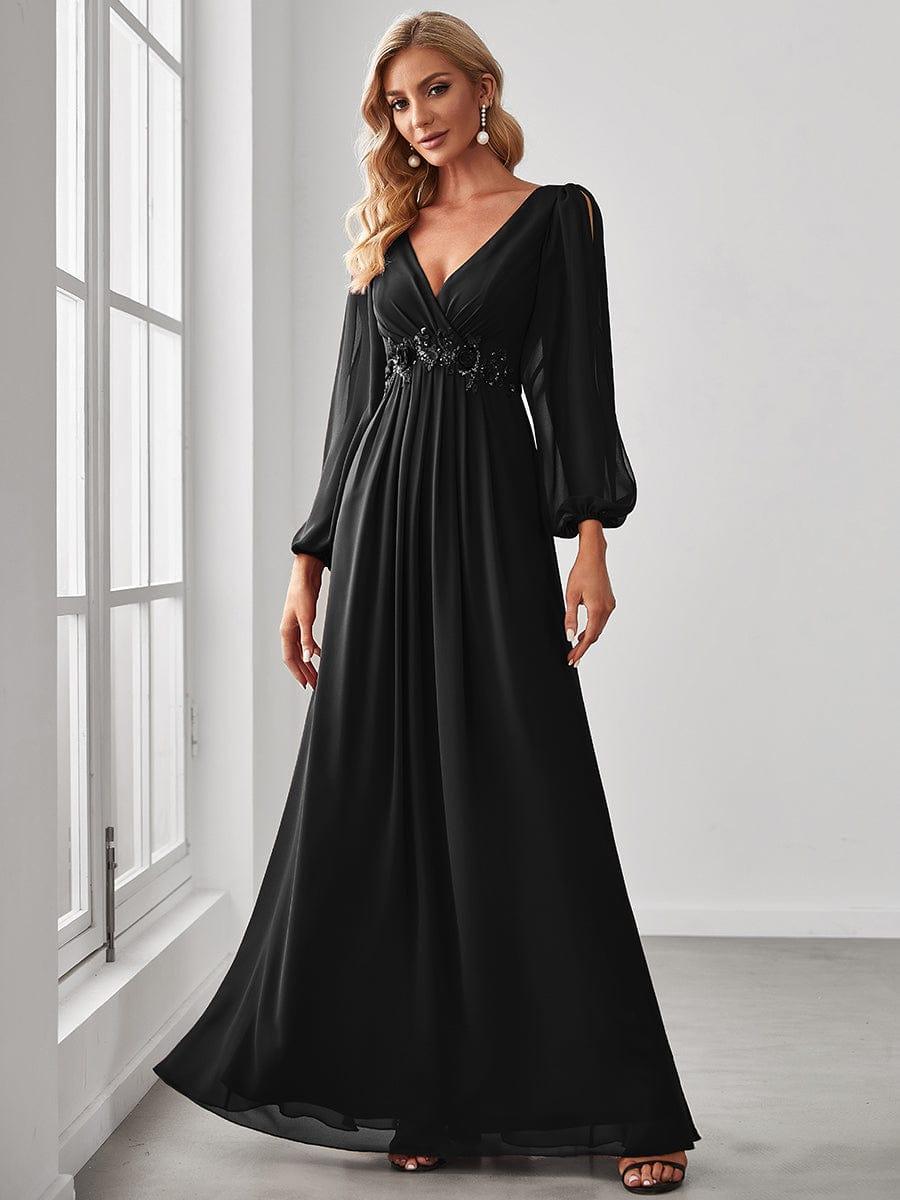 ever AMOUR|Elegant Chiffon V-Neckline Long Sleeve Wedding Guest Dress