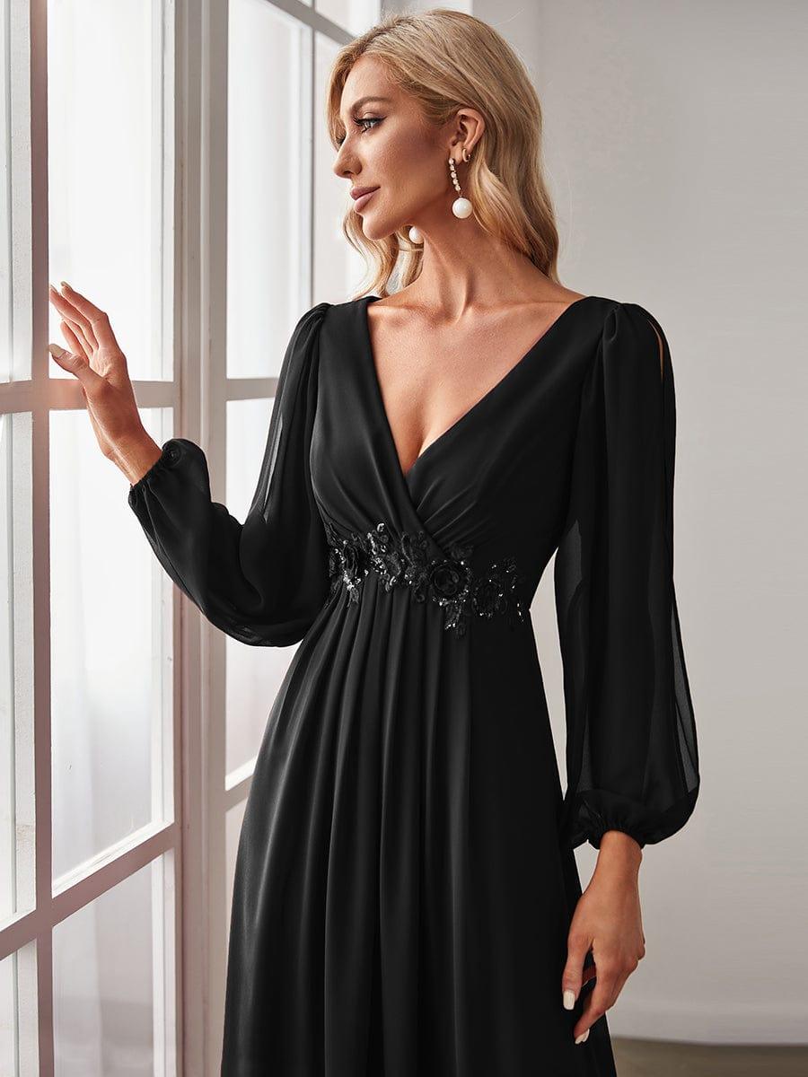 ever AMOUR|Elegant Chiffon V-Neckline Long Sleeve Wedding Guest Dress