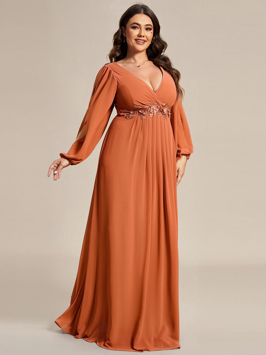ever AMOUR|Elegant Chiffon V-Neckline Long Sleeve Wedding Guest Dress