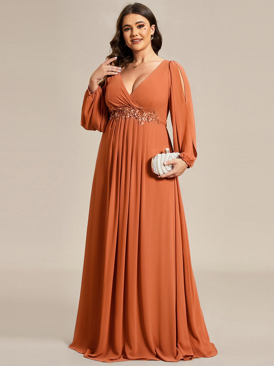 ever AMOUR|Elegant Chiffon V-Neckline Long Sleeve Formal Evening Dress