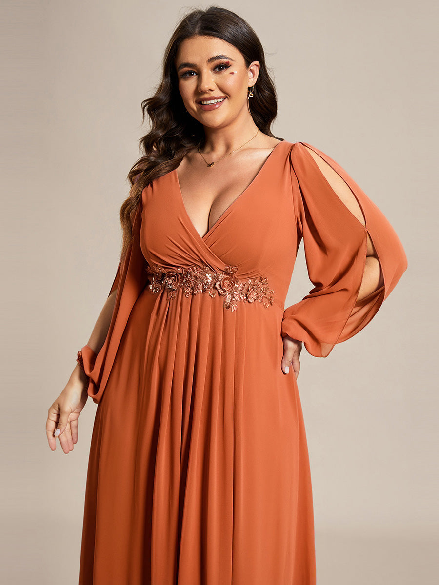 ever AMOUR|Elegant Chiffon V-Neckline Long Sleeve Wedding Guest Dress