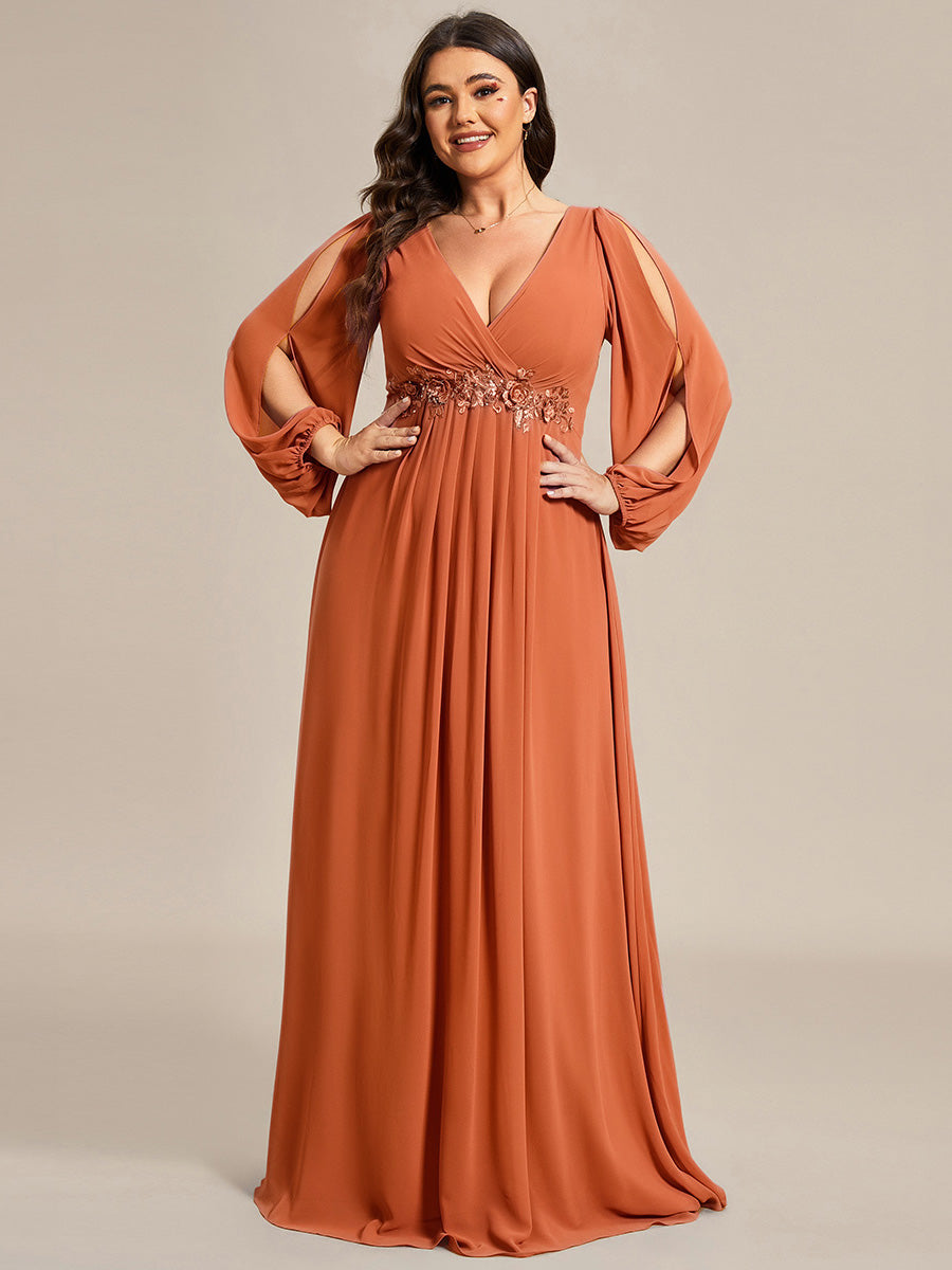 ever AMOUR|Elegant Chiffon V-Neckline Long Sleeve Formal Evening Dress
