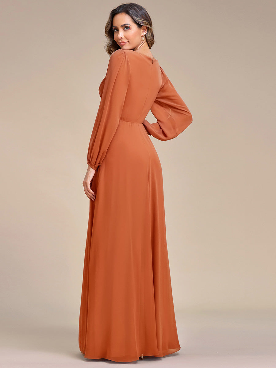 ever AMOUR|Elegant Chiffon V-Neckline Long Sleeve Wedding Guest Dress