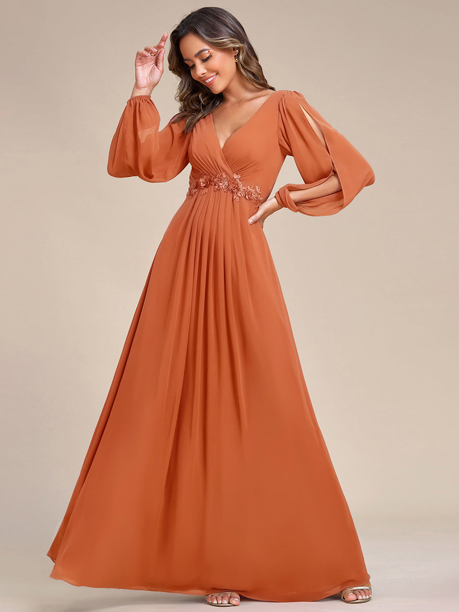 ever AMOUR|Elegant Chiffon V-Neckline Long Sleeve Wedding Guest Dress