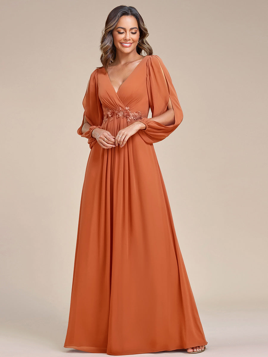 ever AMOUR|Elegant Chiffon V-Neckline Long Sleeve Formal Evening Dress