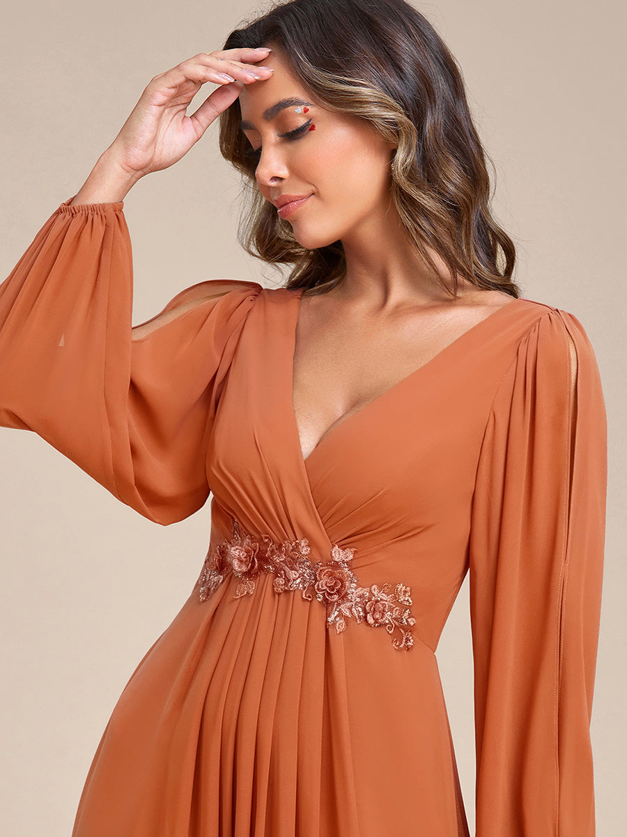 ever AMOUR|Elegant Chiffon V-Neckline Long Sleeve Wedding Guest Dress