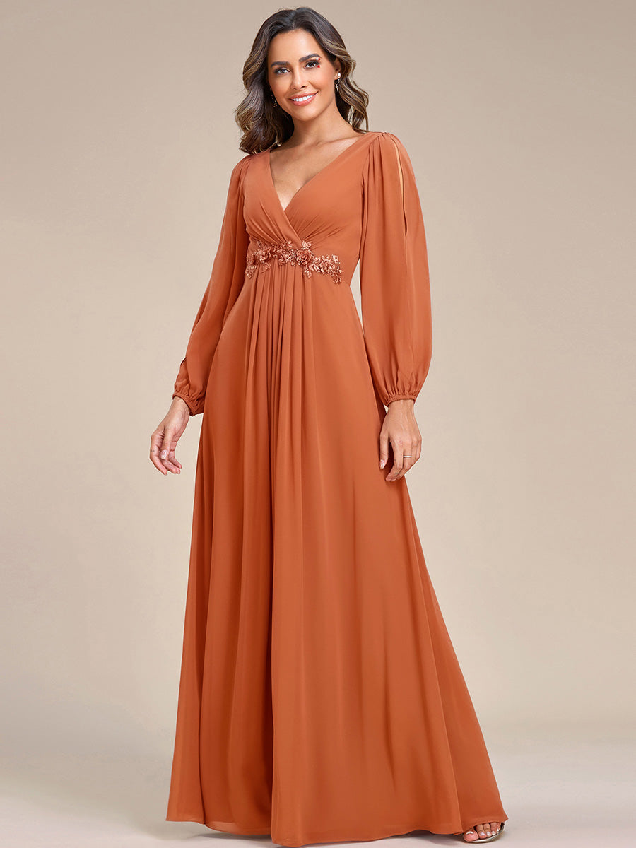 ever AMOUR|Elegant Chiffon V-Neckline Long Sleeve Formal Evening Dress