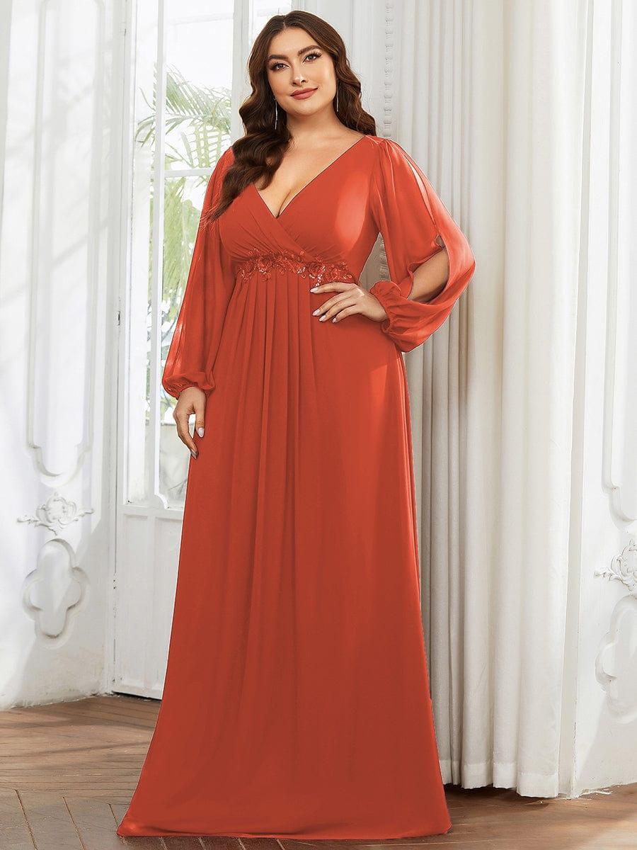 ever AMOUR|Elegant Chiffon V-Neckline Long Sleeve Wedding Guest Dress