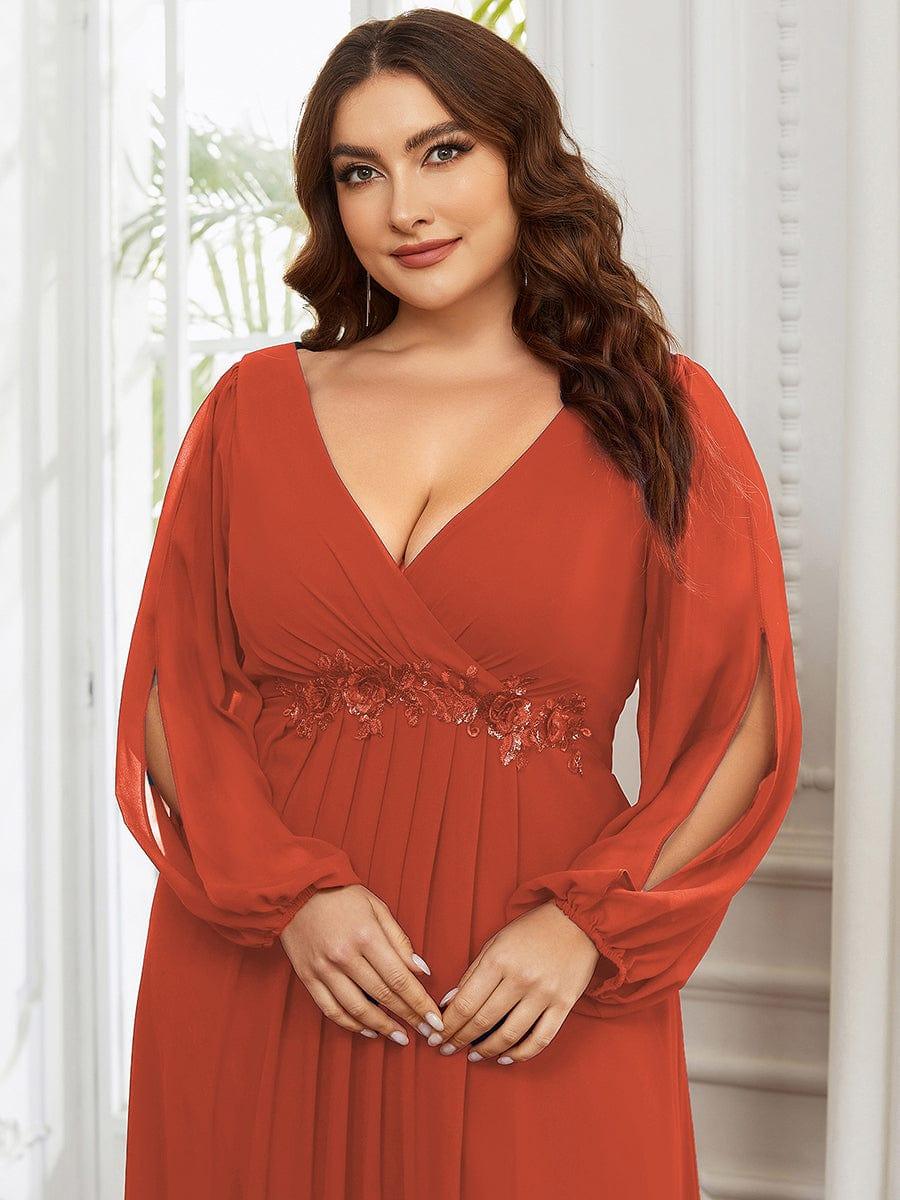 ever AMOUR|Elegant Chiffon V-Neckline Long Sleeve Wedding Guest Dress
