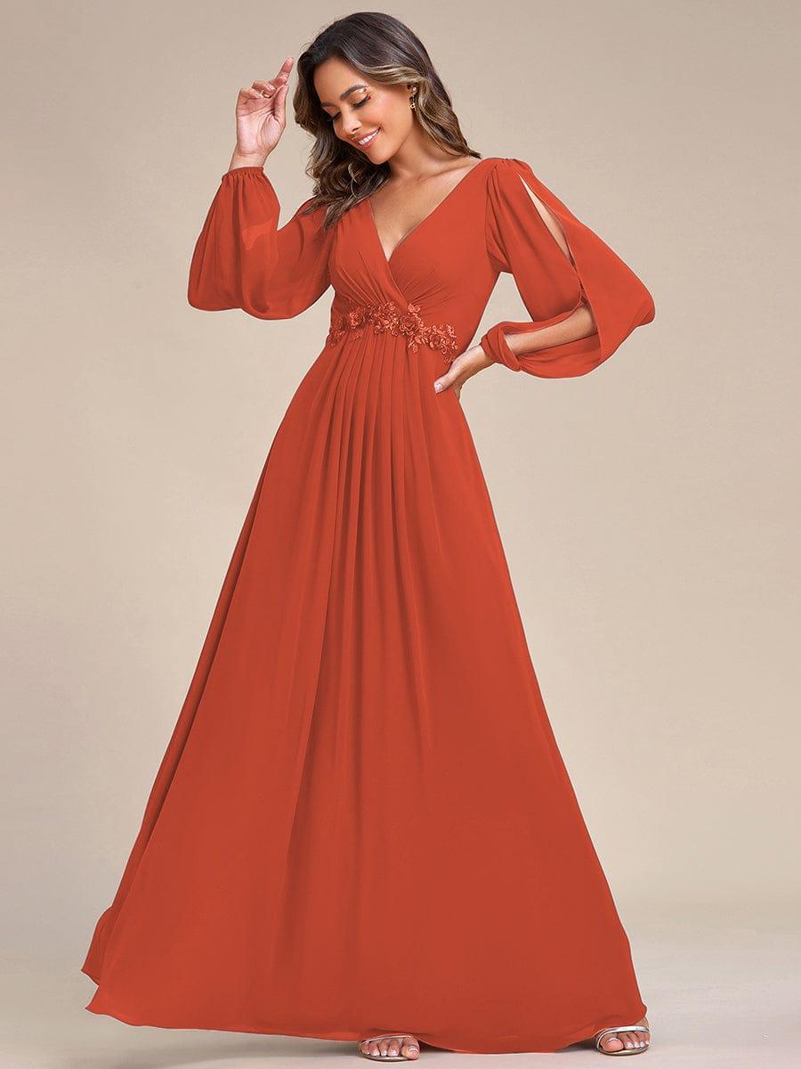 ever AMOUR|Elegant Chiffon V-Neckline Long Sleeve Wedding Guest Dress