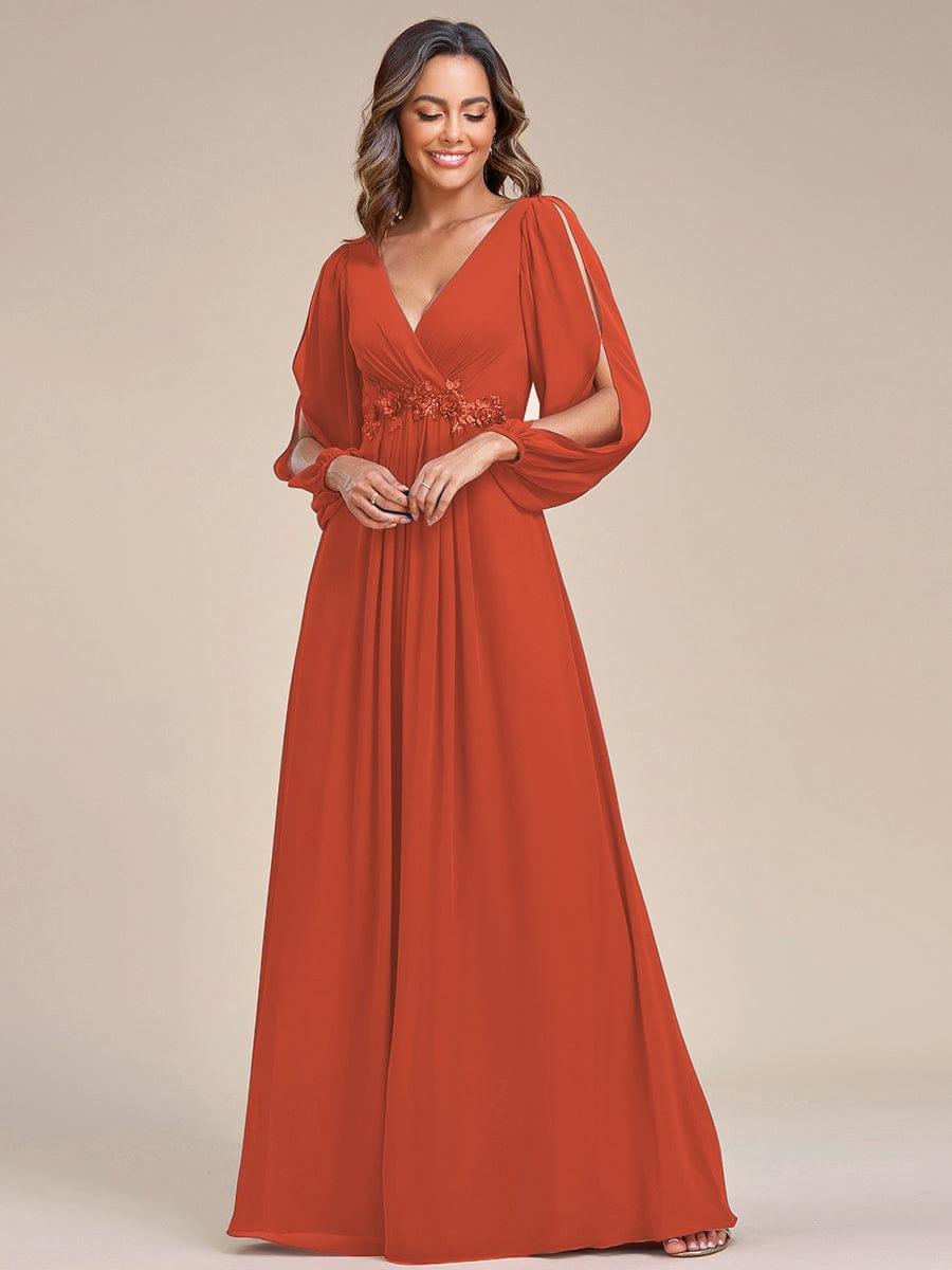 ever AMOUR|Elegant Chiffon V-Neckline Long Sleeve Wedding Guest Dress