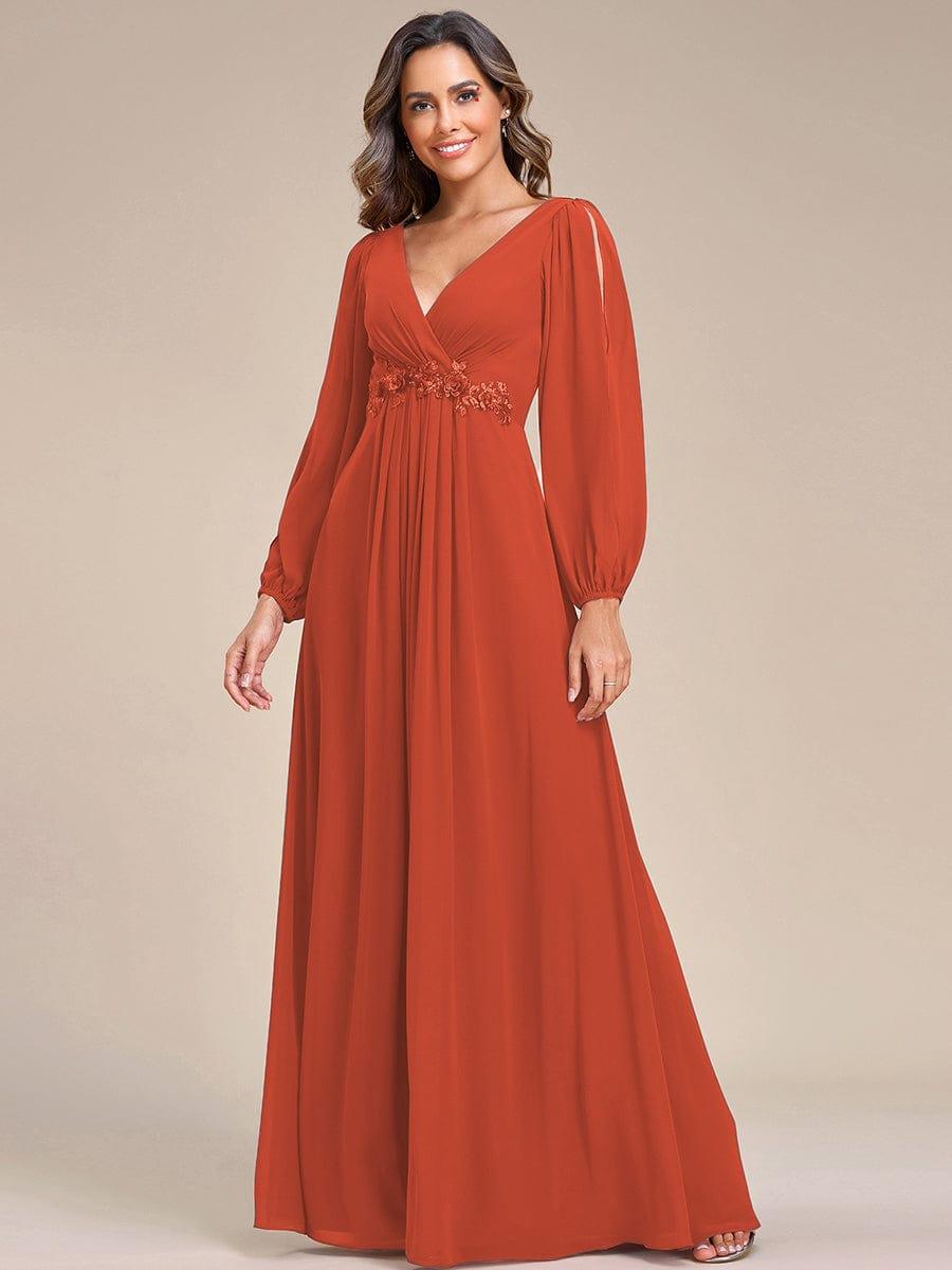 ever AMOUR|Elegant Chiffon V-Neckline Long Sleeve Wedding Guest Dress