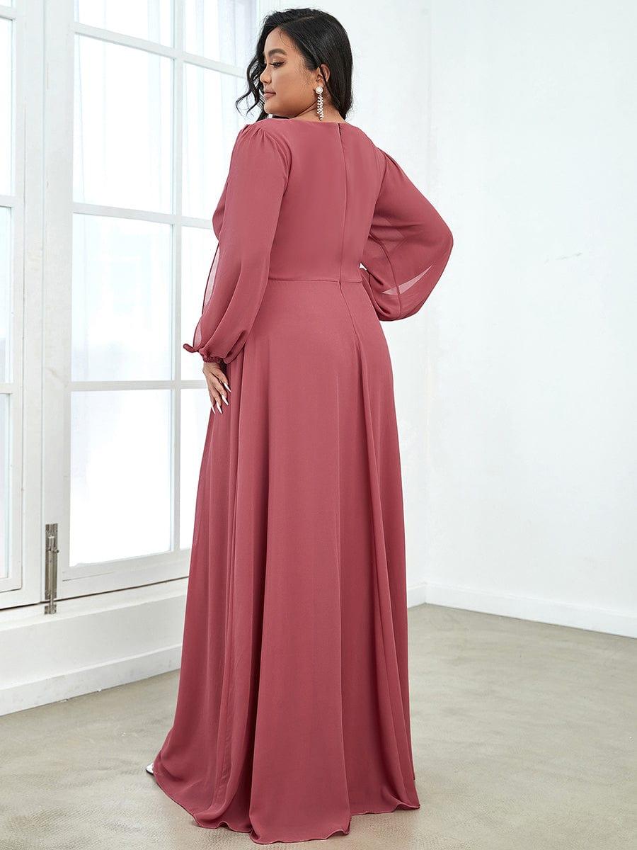 ever AMOUR|Elegant Chiffon V-Neckline Long Sleeve Wedding Guest Dress