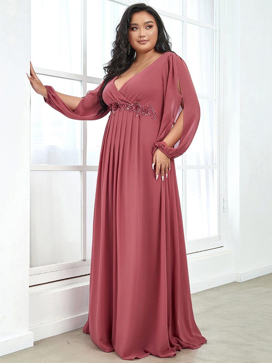 ever AMOUR|Elegant Chiffon V-Neckline Long Sleeve Wedding Guest Dress