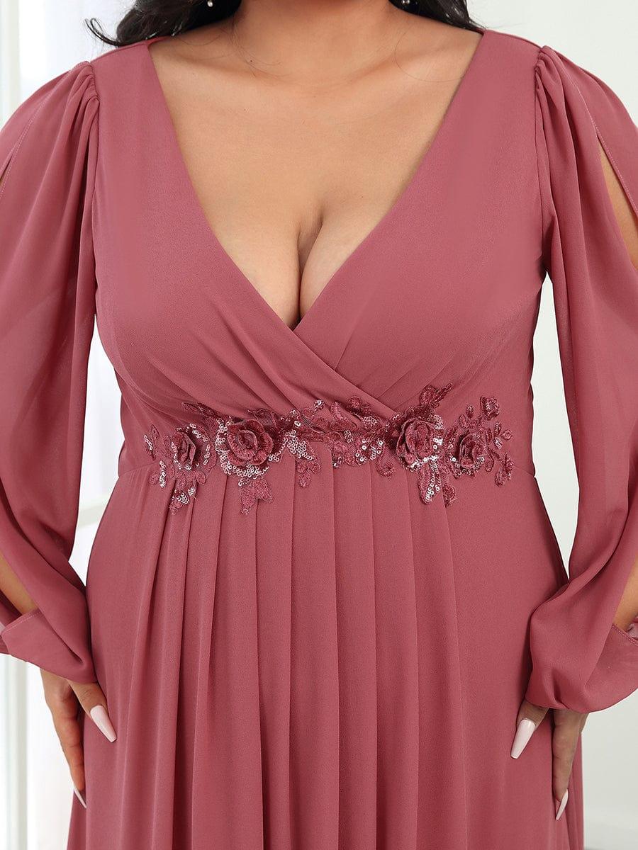 ever AMOUR|Elegant Chiffon V-Neckline Long Sleeve Wedding Guest Dress