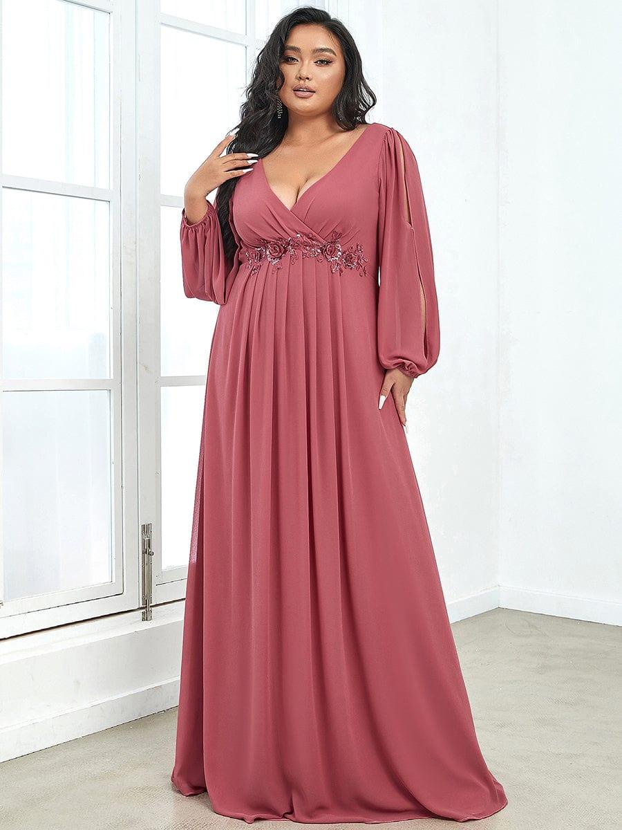 ever AMOUR|Elegant Chiffon V-Neckline Long Sleeve Wedding Guest Dress