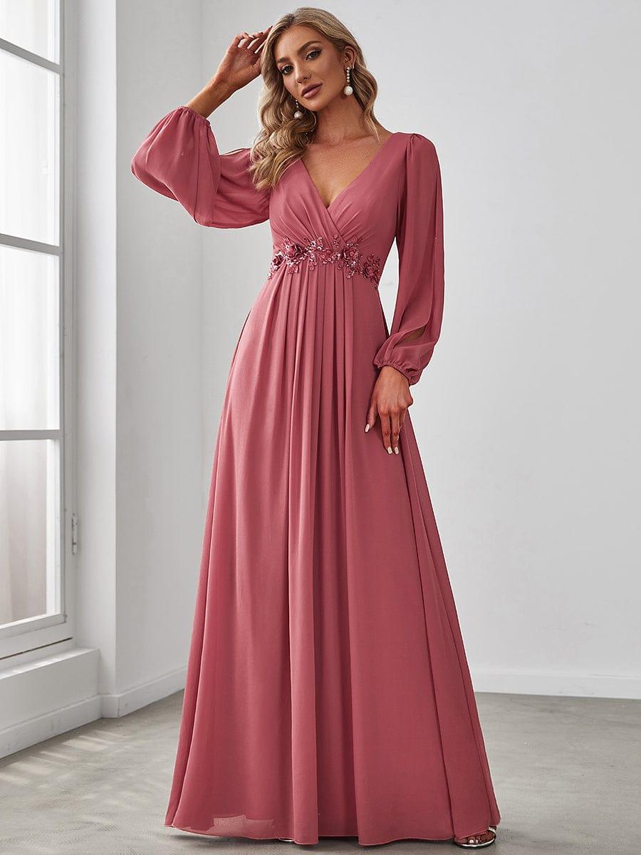 ever AMOUR|Elegant Chiffon V-Neckline Long Sleeve Wedding Guest Dress