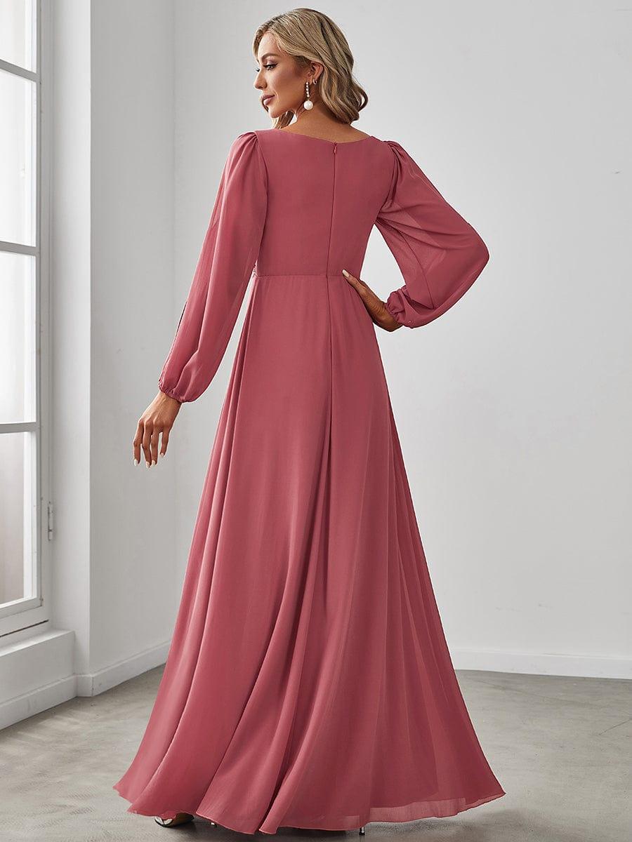 ever AMOUR|Elegant Chiffon V-Neckline Long Sleeve Wedding Guest Dress