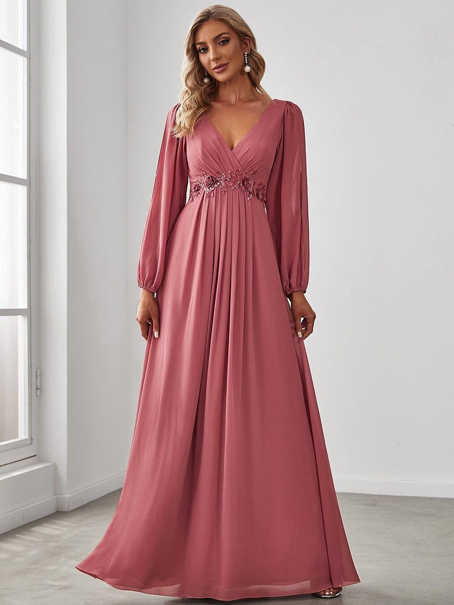 ever AMOUR|Elegant Chiffon V-Neckline Long Sleeve Wedding Guest Dress