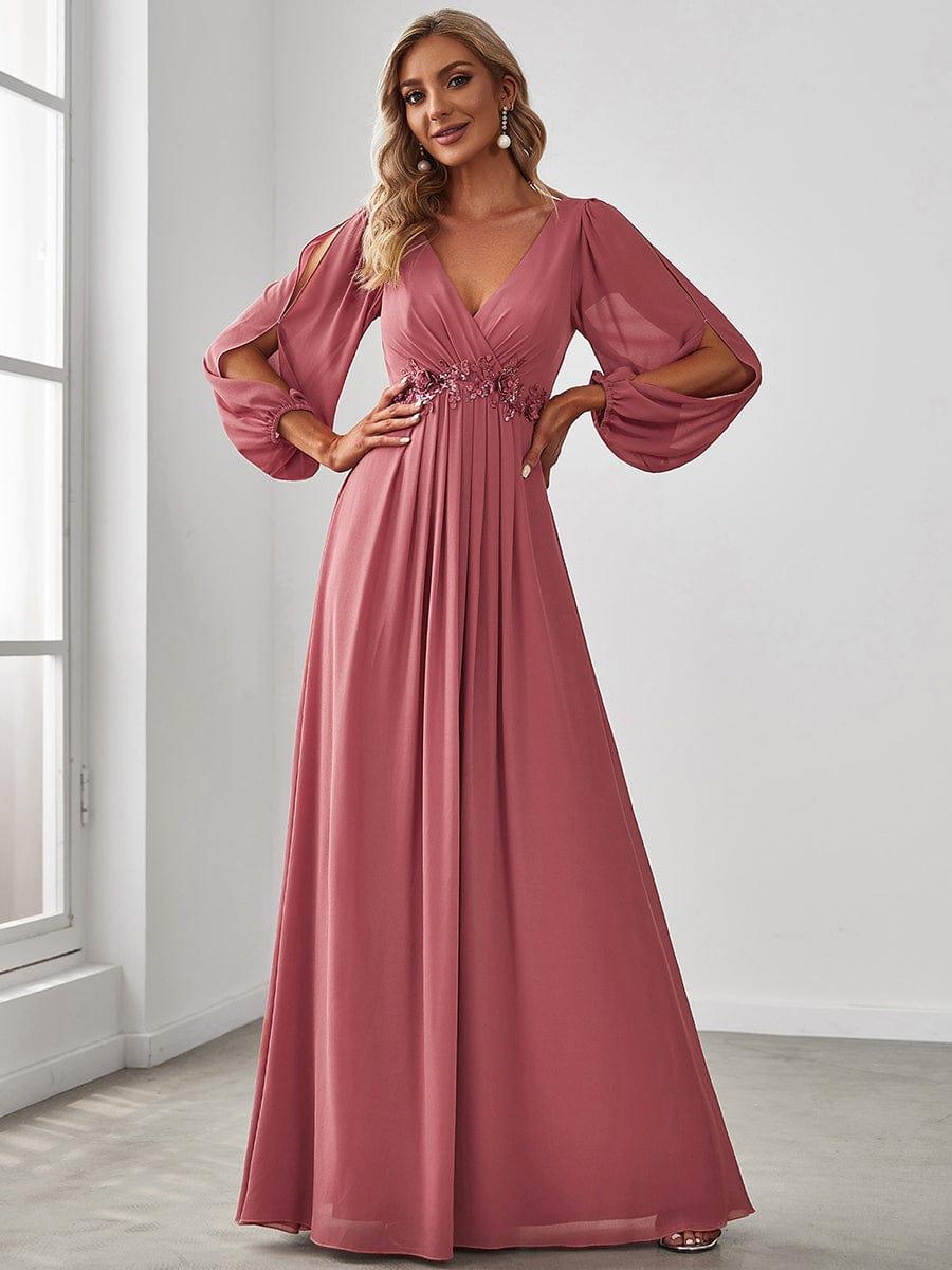 ever AMOUR|Elegant Chiffon V-Neckline Long Sleeve Wedding Guest Dress
