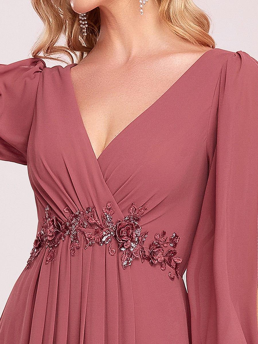 ever AMOUR|Elegant Chiffon V-Neckline Long Sleeve Wedding Guest Dress