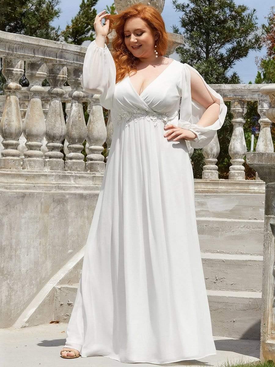 ever AMOUR|Elegant Chiffon V-Neckline Long Sleeve Wedding Guest Dress