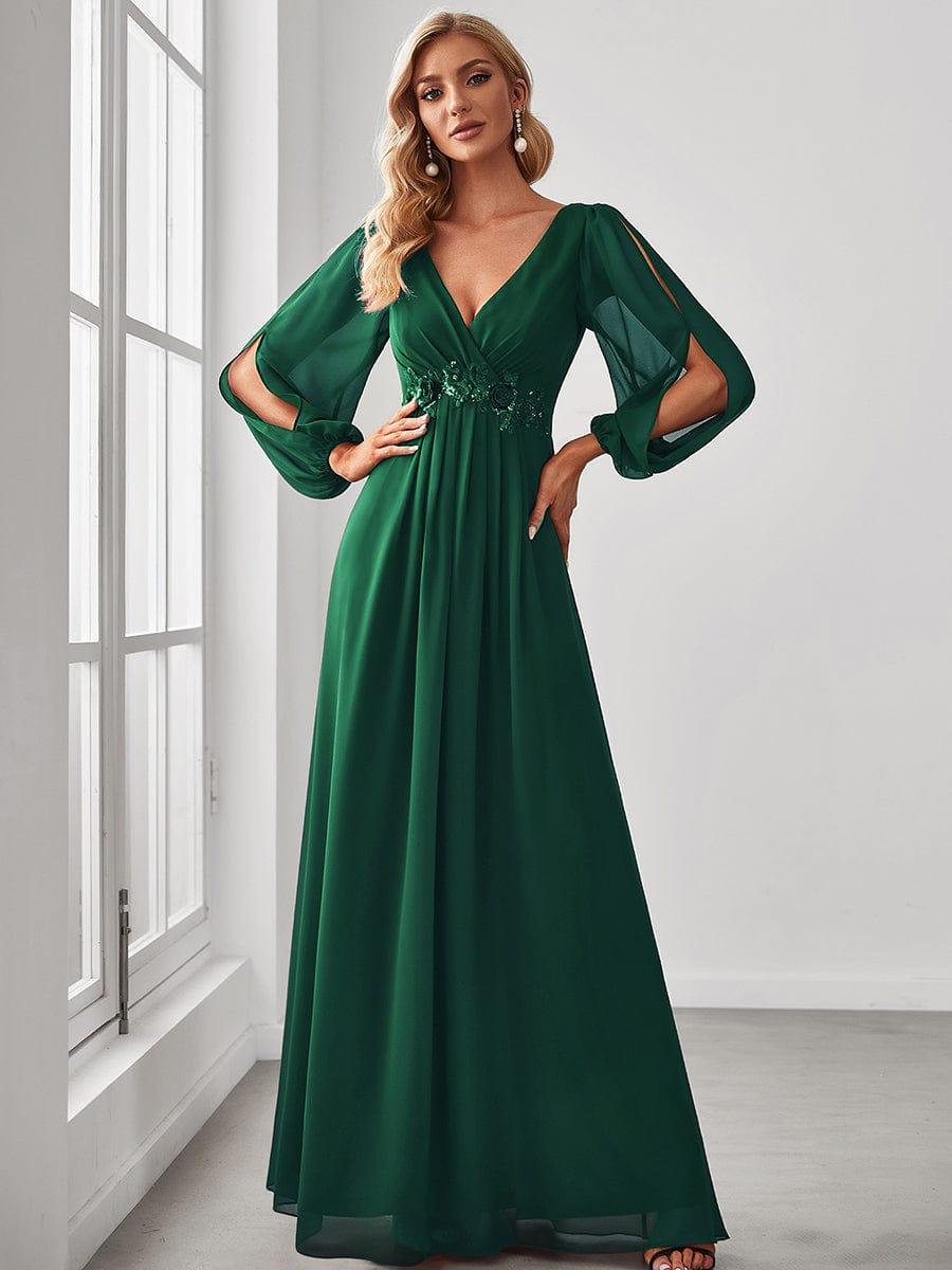 ever AMOUR|Elegant Chiffon V-Neckline Long Sleeve Wedding Guest Dress
