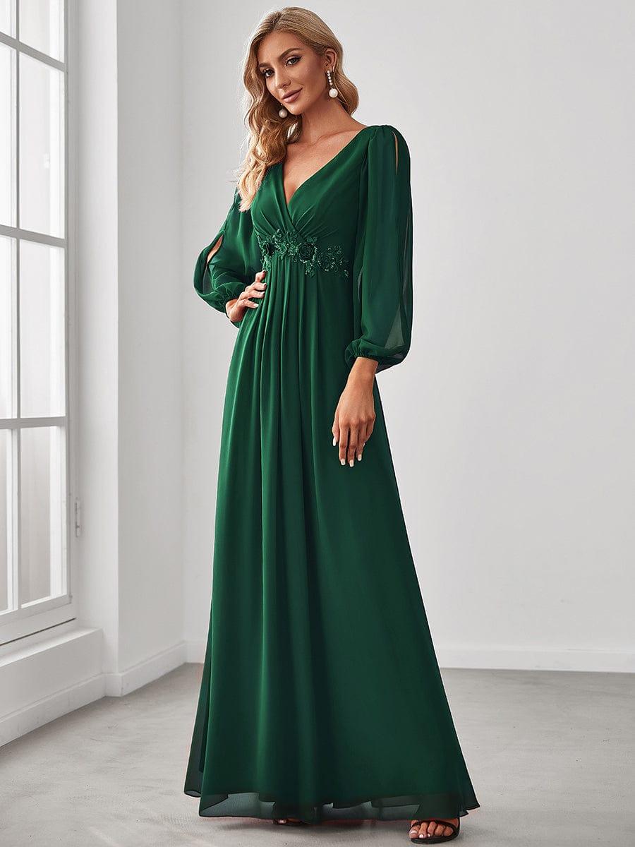ever AMOUR|Elegant Chiffon V-Neckline Long Sleeve Wedding Guest Dress