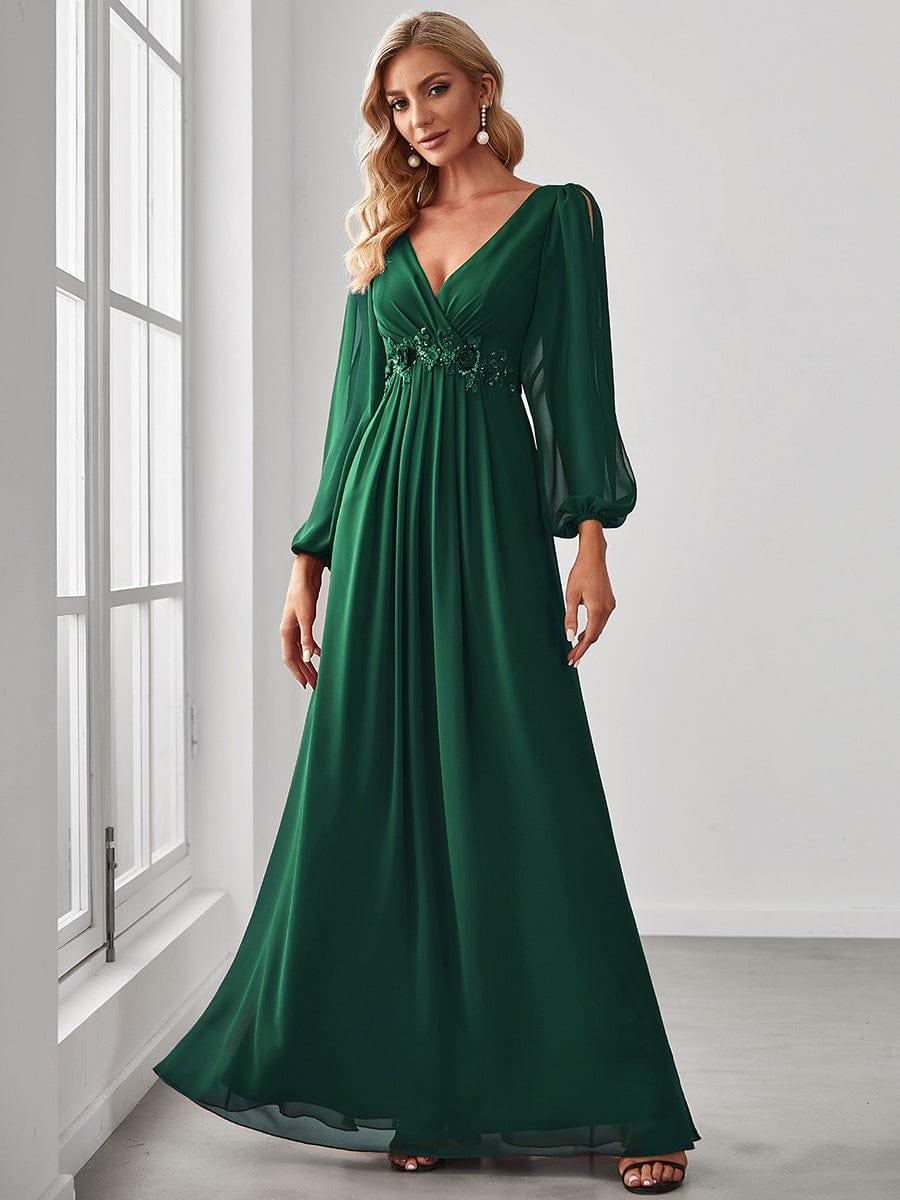ever AMOUR|Elegant Chiffon V-Neckline Long Sleeve Wedding Guest Dress