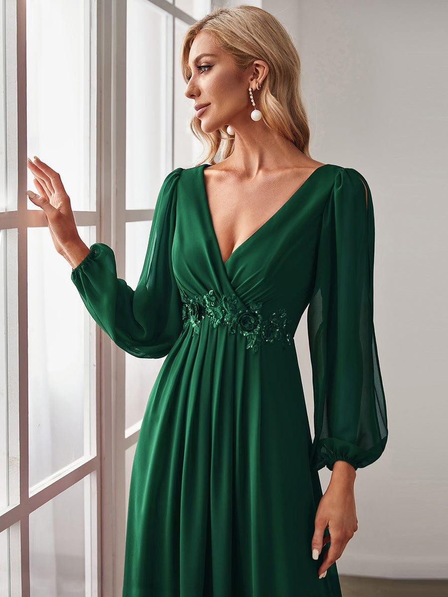 ever AMOUR|Elegant Chiffon V-Neckline Long Sleeve Wedding Guest Dress
