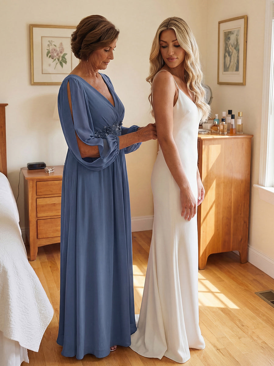 ever AMOUR|Elegant Chiffon V-Neckline Long Sleeve Formal Evening Dress