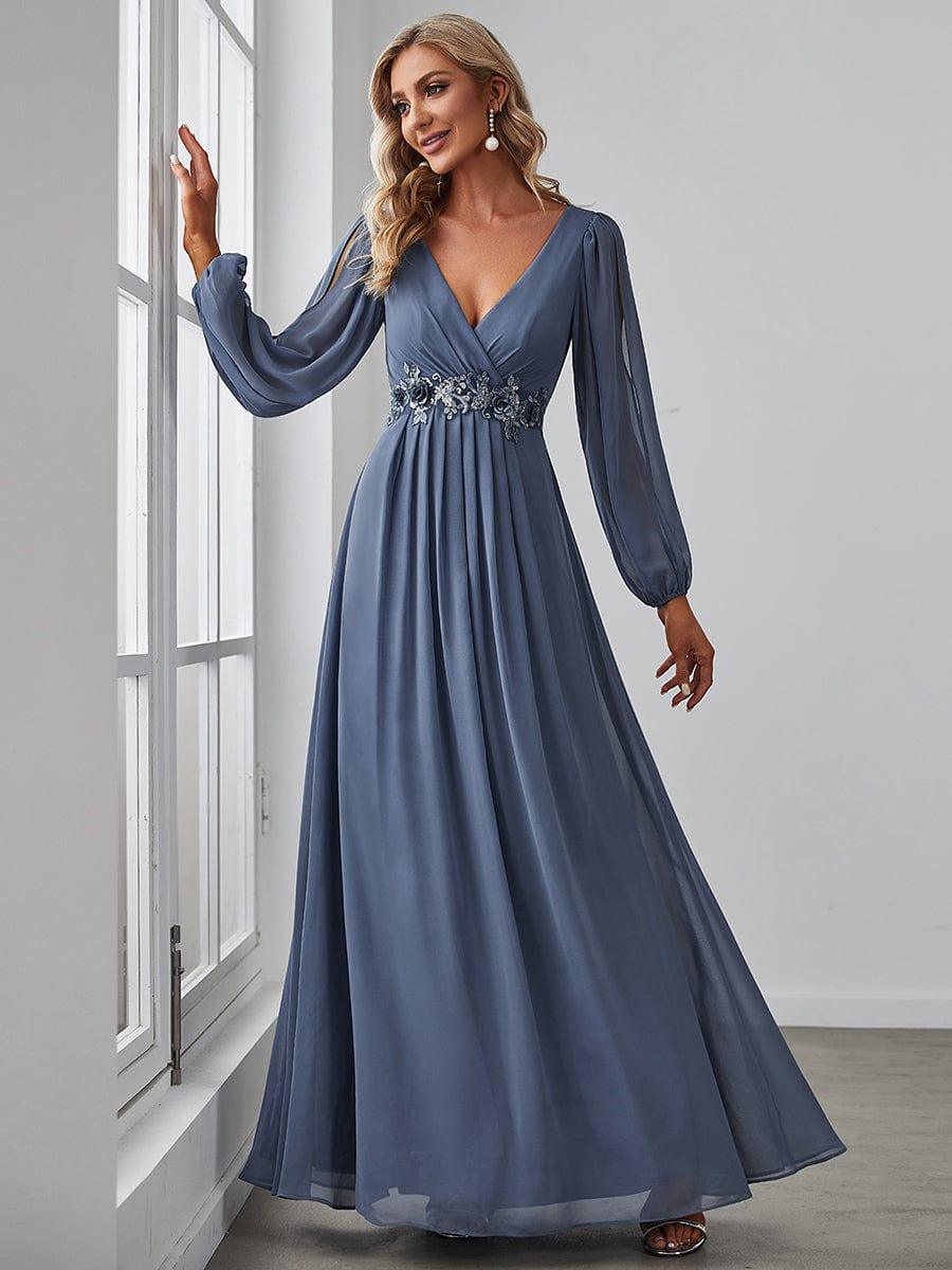 ever AMOUR|Elegant Chiffon V-Neckline Long Sleeve Wedding Guest Dress