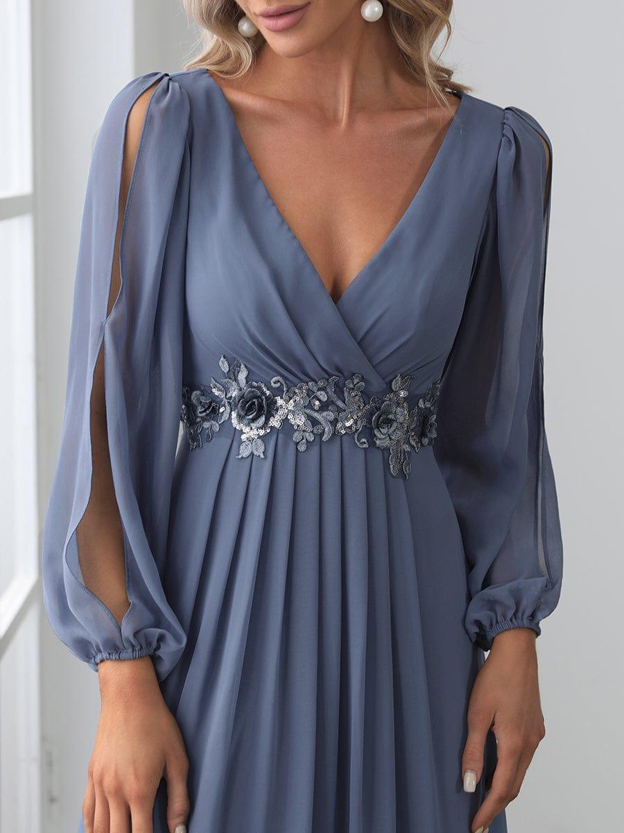 ever AMOUR|Elegant Chiffon V-Neckline Long Sleeve Wedding Guest Dress