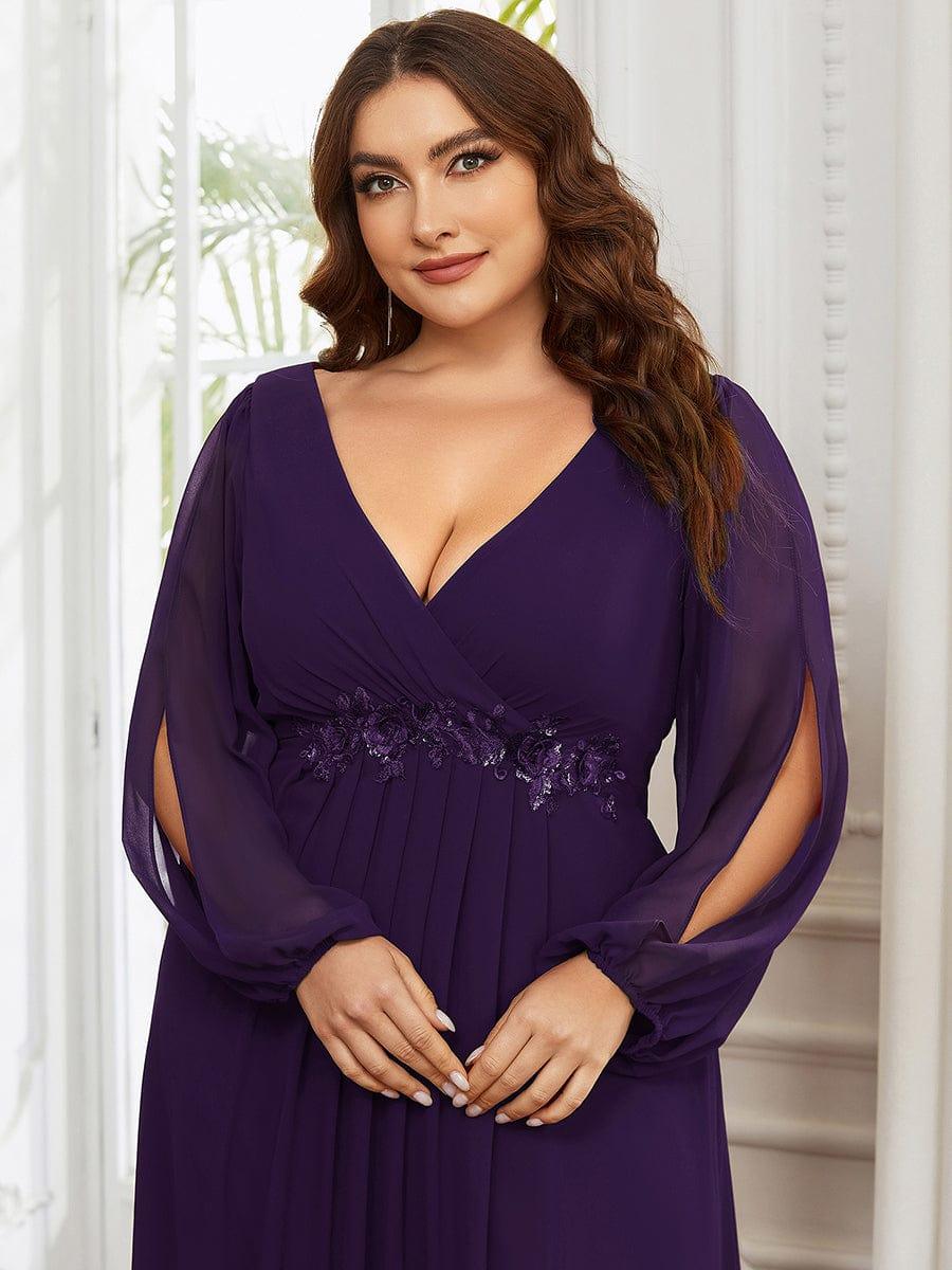ever AMOUR|Elegant Chiffon V-Neckline Long Sleeve Wedding Guest Dress