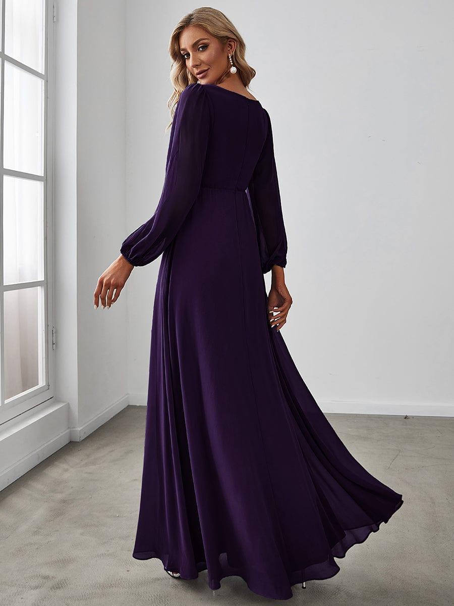 ever AMOUR|Elegant Chiffon V-Neckline Long Sleeve Wedding Guest Dress