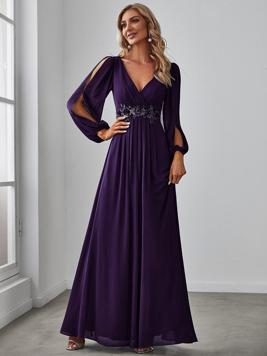ever AMOUR|Elegant Chiffon V-Neckline Long Sleeve Wedding Guest Dress