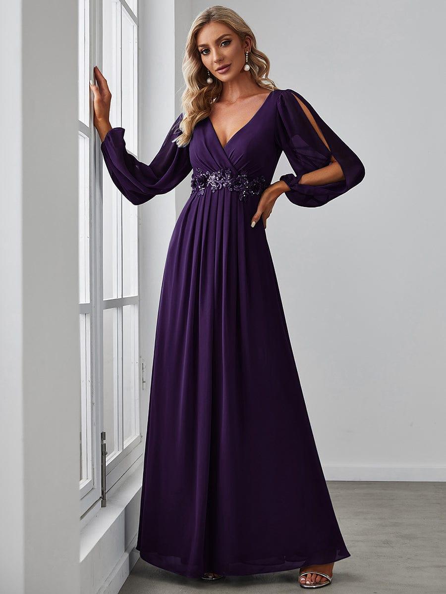 ever AMOUR|Elegant Chiffon V-Neckline Long Sleeve Wedding Guest Dress