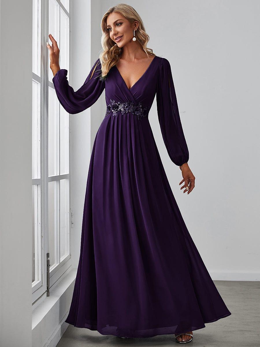 ever AMOUR|Elegant Chiffon V-Neckline Long Sleeve Wedding Guest Dress