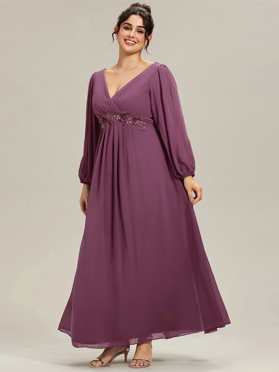 ever AMOUR|Elegant Chiffon V-Neckline Long Sleeve Formal Evening Dress