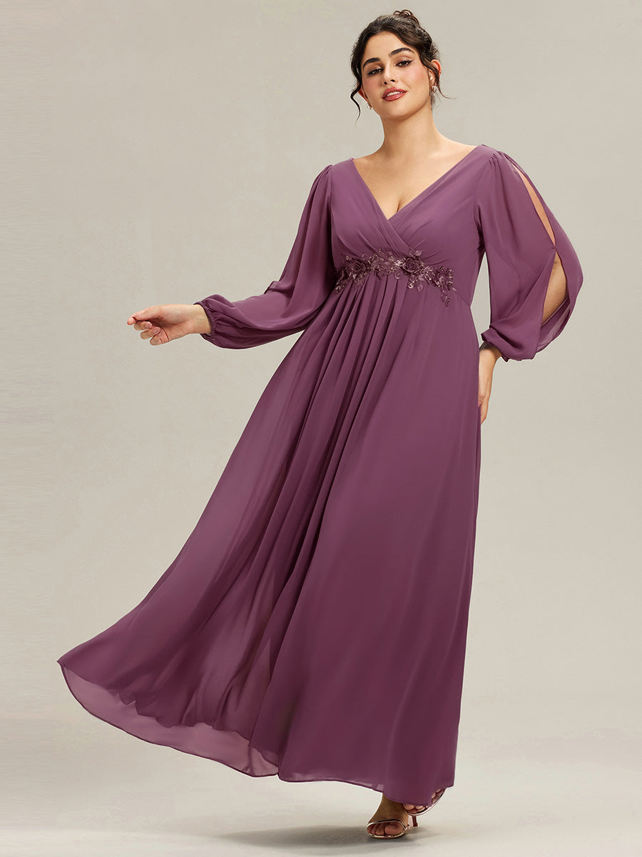 ever AMOUR|Elegant Chiffon V-Neckline Long Sleeve Wedding Guest Dress