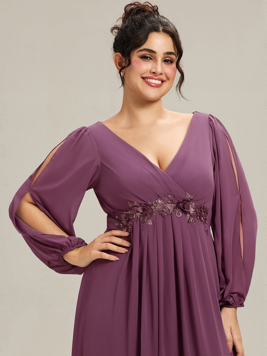 ever AMOUR|Elegant Chiffon V-Neckline Long Sleeve Wedding Guest Dress