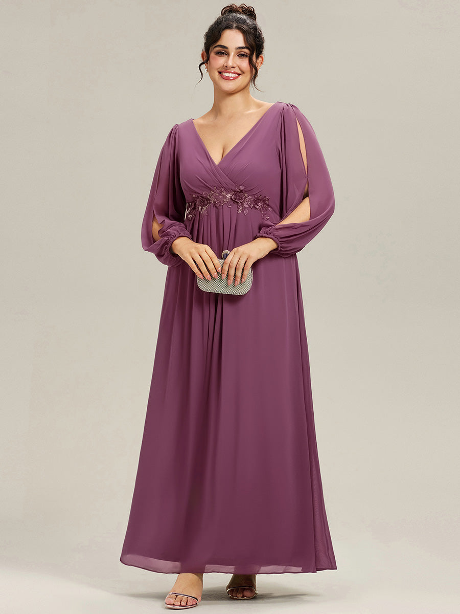 ever AMOUR|Elegant Chiffon V-Neckline Long Sleeve Formal Evening Dress