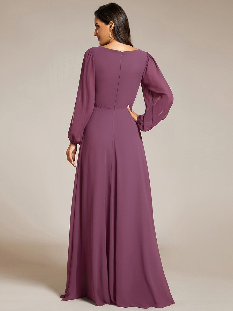 ever AMOUR|Elegant Chiffon V-Neckline Long Sleeve Wedding Guest Dress