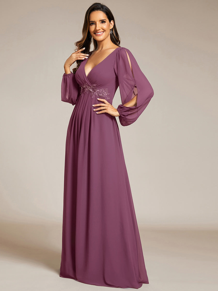 ever AMOUR|Elegant Chiffon V-Neckline Long Sleeve Formal Evening Dress