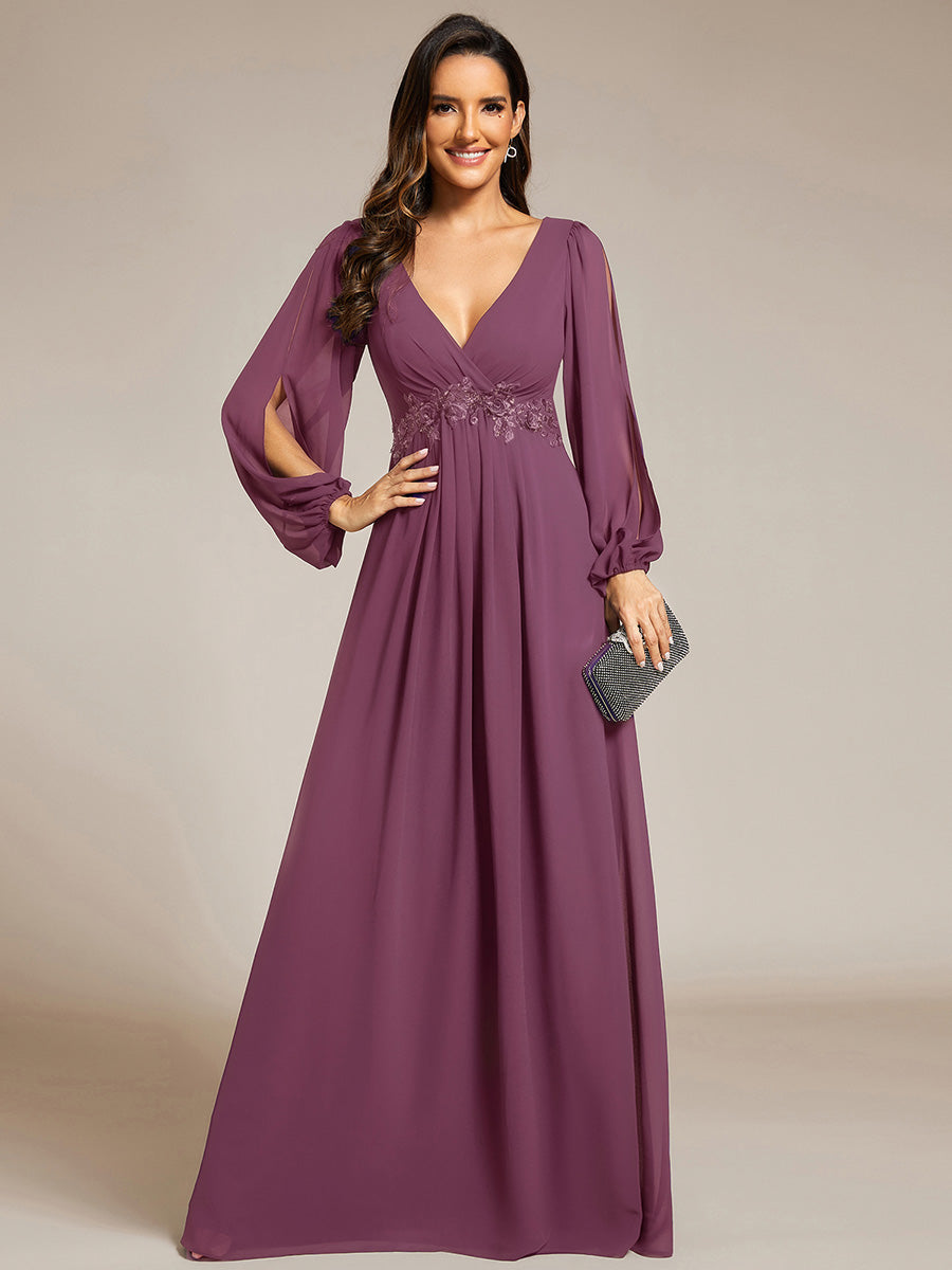 ever AMOUR|Elegant Chiffon V-Neckline Long Sleeve Formal Evening Dress