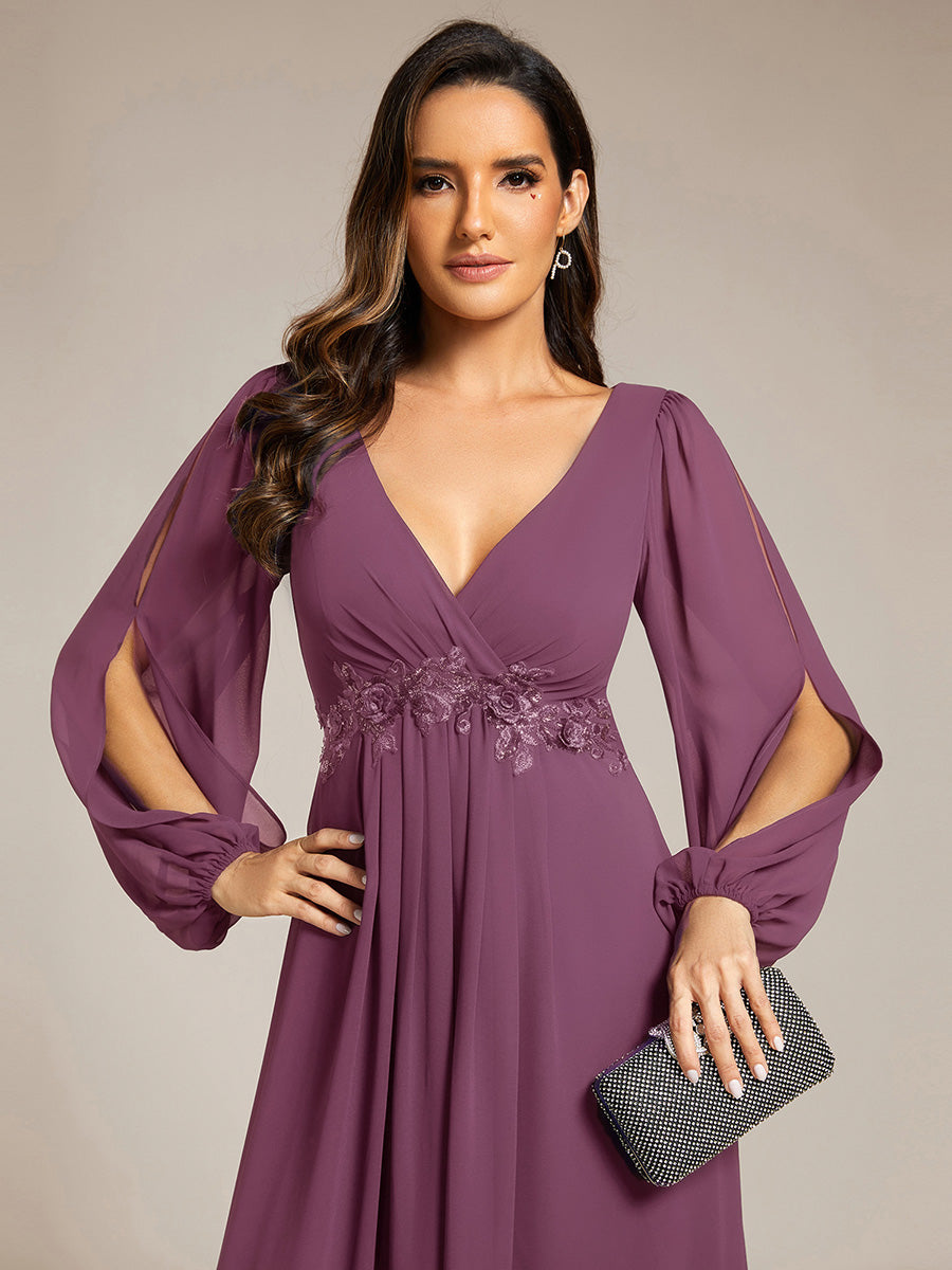 ever AMOUR|Elegant Chiffon V-Neckline Long Sleeve Wedding Guest Dress