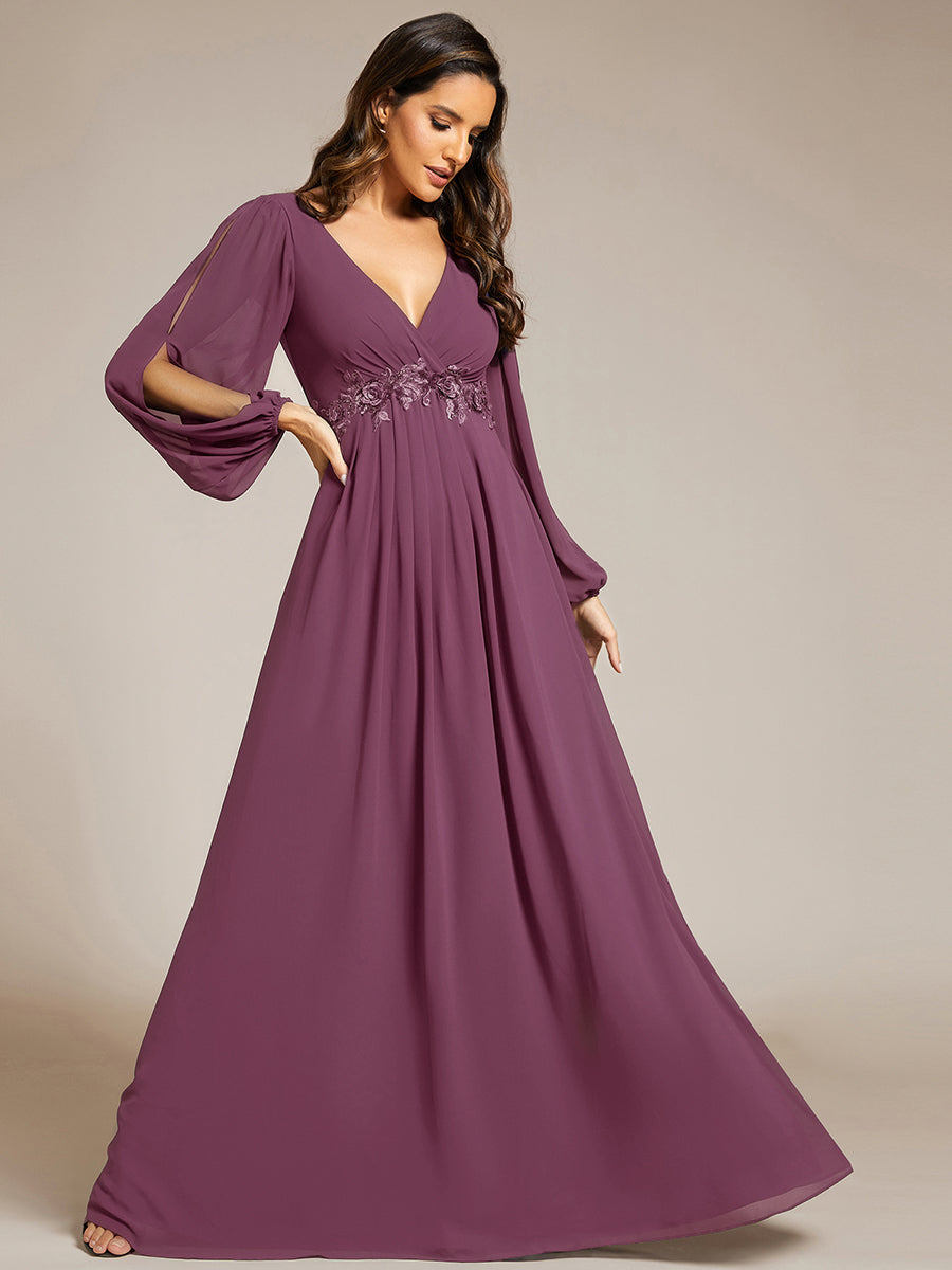 ever AMOUR|Elegant Chiffon V-Neckline Long Sleeve Wedding Guest Dress